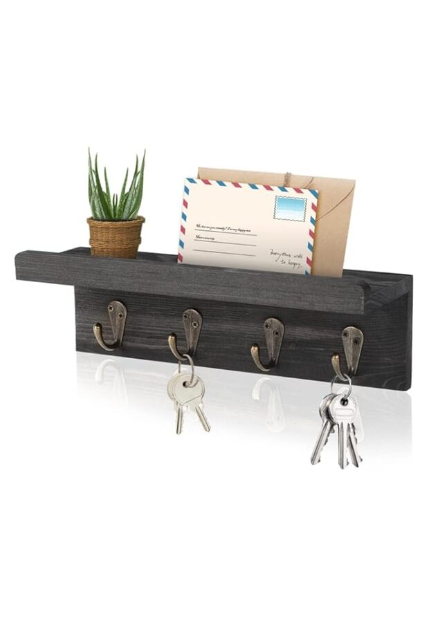 Rustic Key Holder for Wall, Farmhouse Wall Shelf with 4 Hooks, Wall Mounted Key Racks, Wooden Organizer with Hooks for Entryway (Black - Pine)