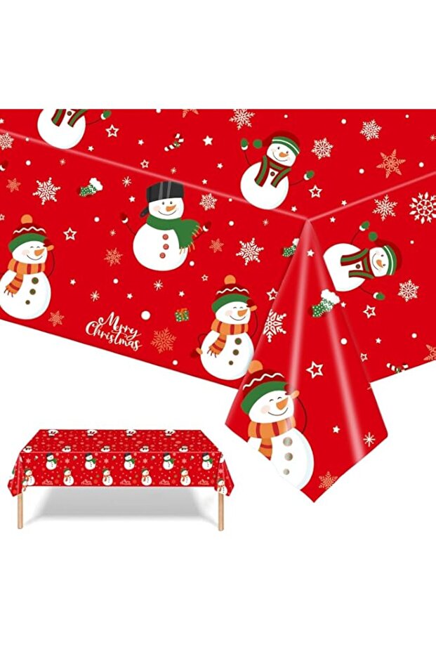 BIGTHREE 137x274cm Disposable Christmas Table Cloth, Red Snowman Table Cover, Large Plastic Tablecloth for Christmas Party, Table Decorations