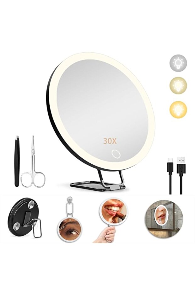 Makeup Magnifying Mirror, 30X LED Lighted, Tabletop Mount with Suction Cups, 6" Large (Black)