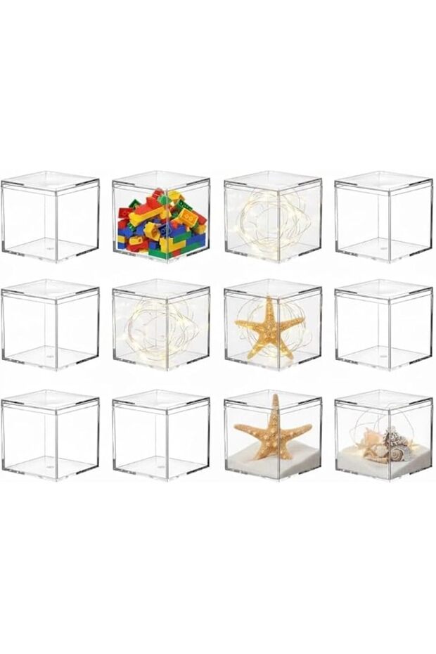 Red Dot Gift® 12 Pack (4.5x4.5x4.5 cm) Clear Acrylic Square Cube Display Case Container with Separate Lids - Small Transparent Plastic Box for Candy, Jewelry, Party Favors, and Miniature Storage