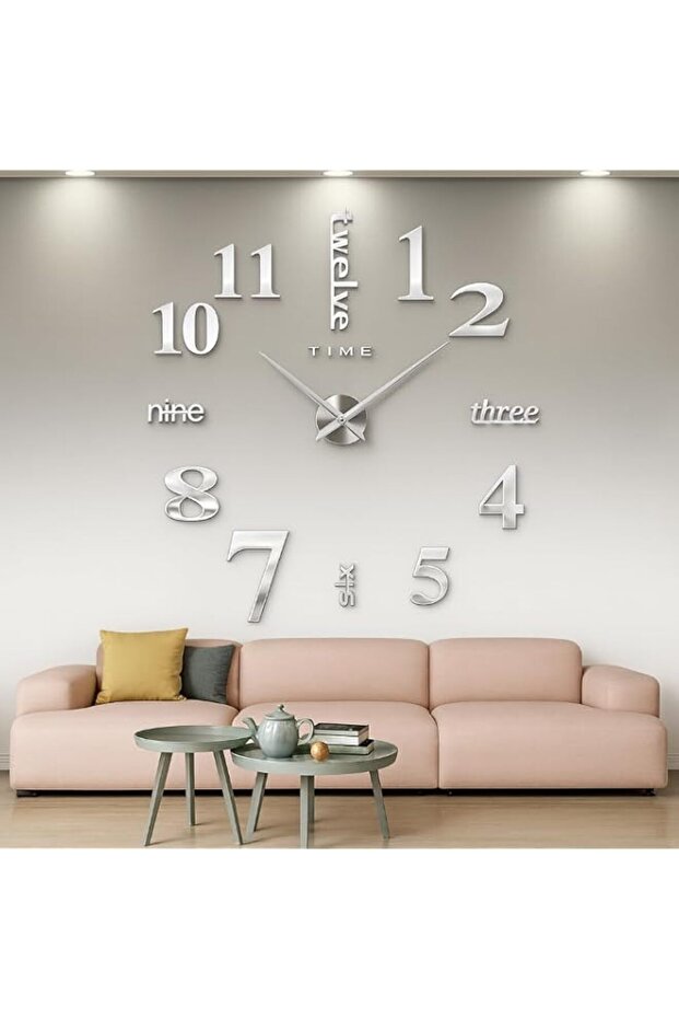 Large Silver 3D Frameless Wall Clock Stickers DIY Wall Decoration for Living Room Bedroom