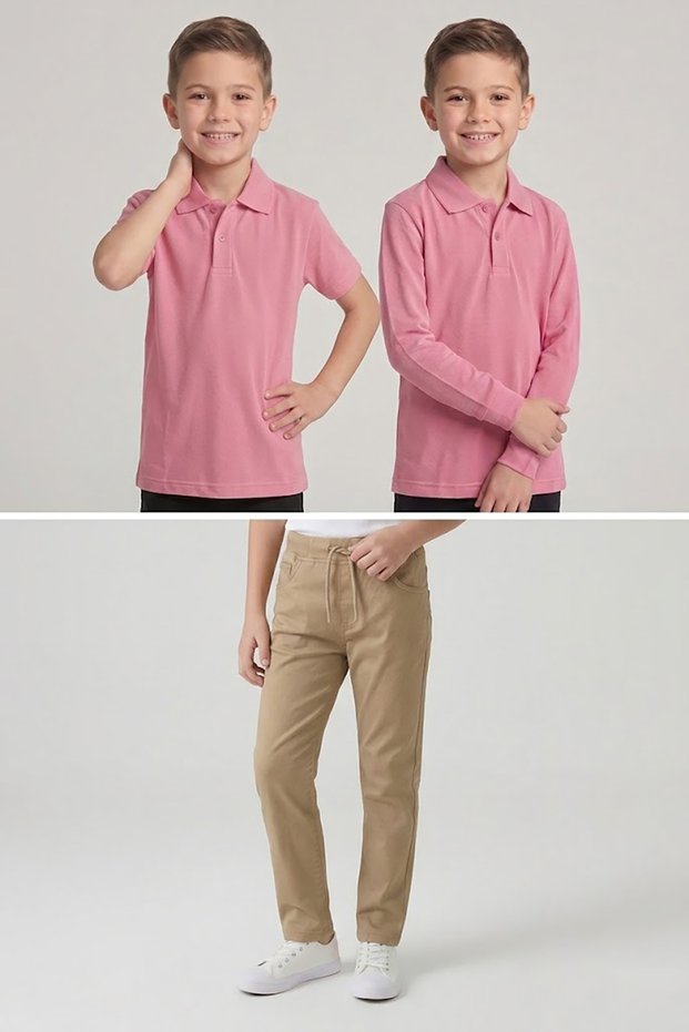 Boys' School Pink Long and Short Sleeve Polo Collar T-Shirt Beige Ribbed Waist Pants 3-Piece Set