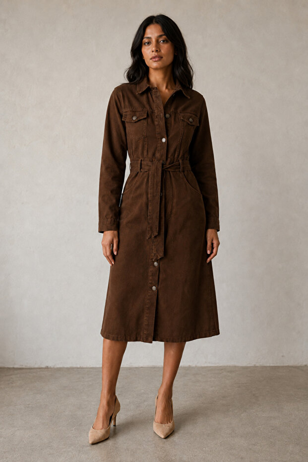 Women's Safari Model Coated Buttoned Belted Pocketed Long Denim Trench Coat