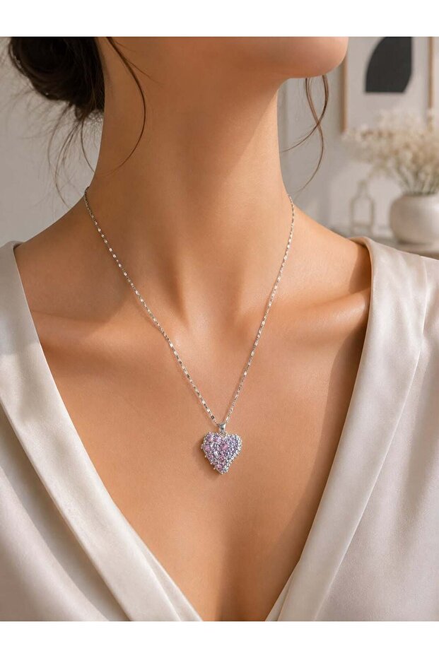 Pink Zircon Stone Heart Figured Steel Necklace – Silver