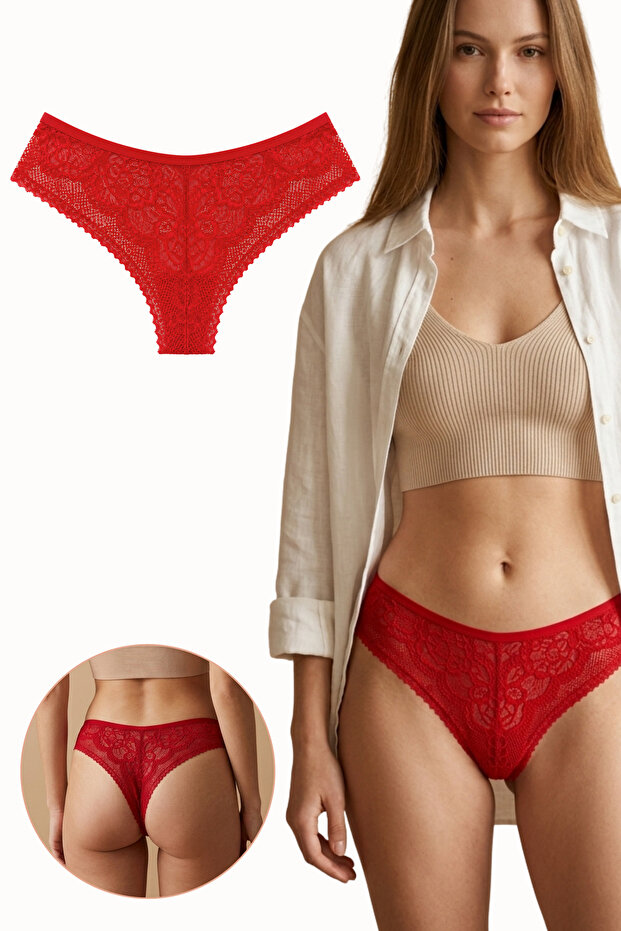 Women's Lace Front and Back Brazilian Panties Lycra Red Single