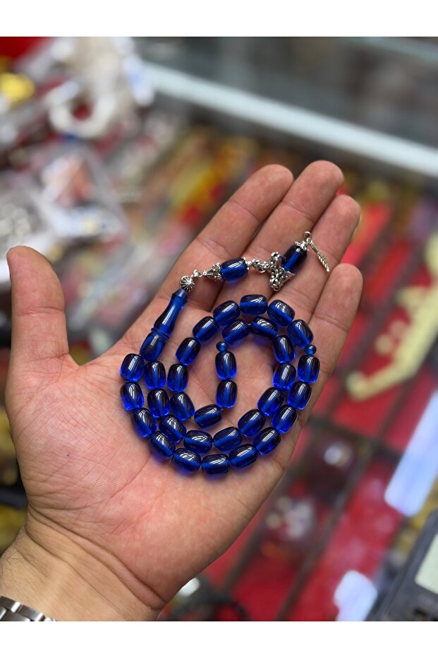 The Nobility of Deep Blue: Capsule Cut Dark Blue Fire Amber Prayer Beads