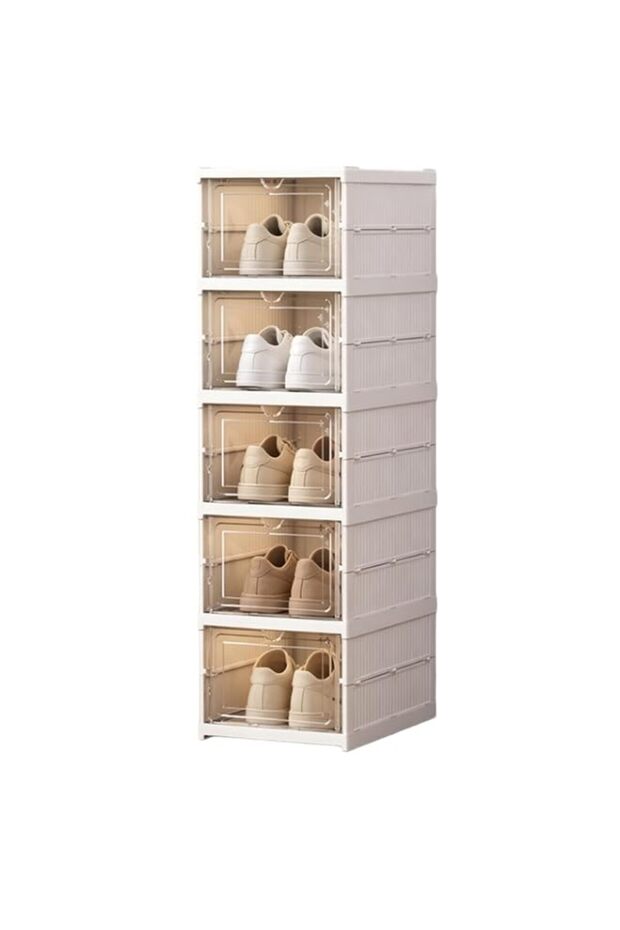 5-tier foldable shoe rack for closet storage boxes Transparent shoebox stackable - white