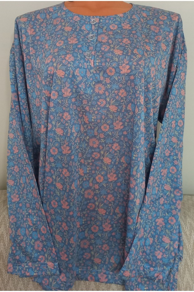 Er Clothing Paper Print Combed Cotton Blouse Long-Sleeve O-Neck 3 Buttons Flower