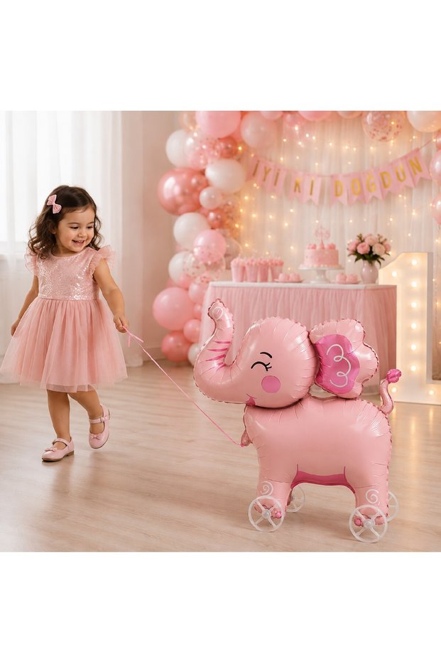 Wheeled Elephant Foil Balloon Pink | Walking Elephant Balloon | Birthday Ornament | Baby Girl Party Decoration | Baby Shower Birthday Party Set Decoration