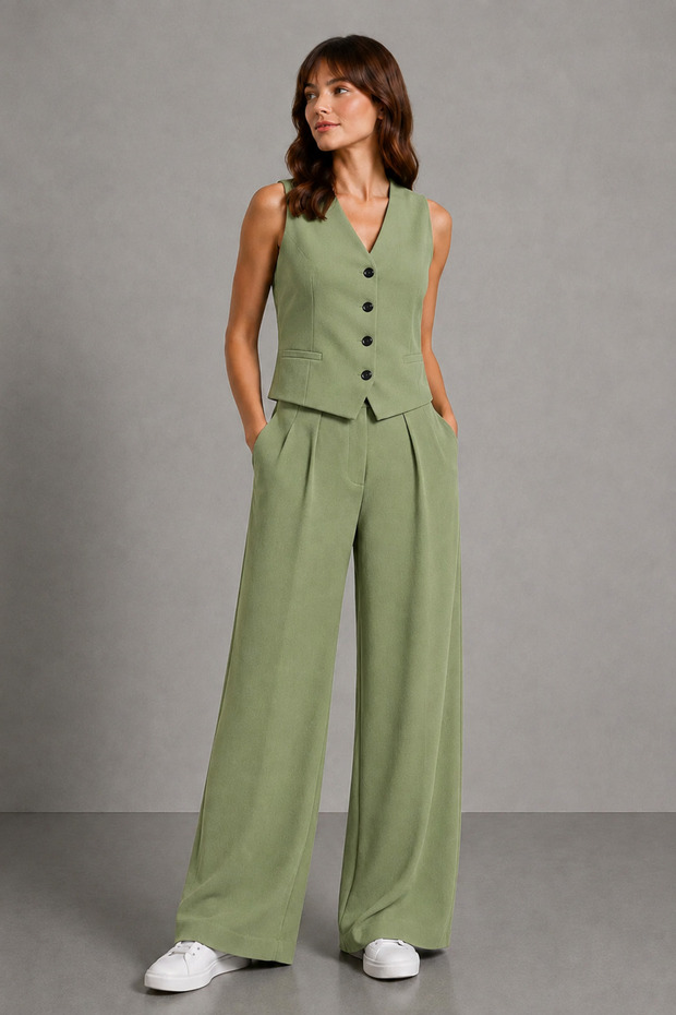 Women's Green Vest Set Palazzo Pants Set – Wide-Leg Stylish Combinations