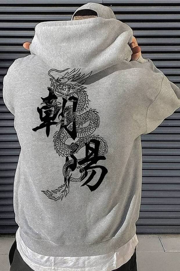 Unisex Oversize 3 Thread Yarn Kangaroo Pocket "Japanese Dragon and Kanji" Printed Hooded Sweatshirt