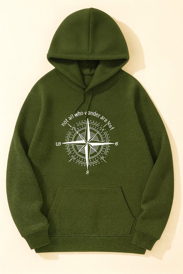 Unisex Oversize 3 Thread Raster Black Hooded Sweatshirt with Kangaroo Pocket and "Pusula and Not All Who Wander Are Lost" Print
