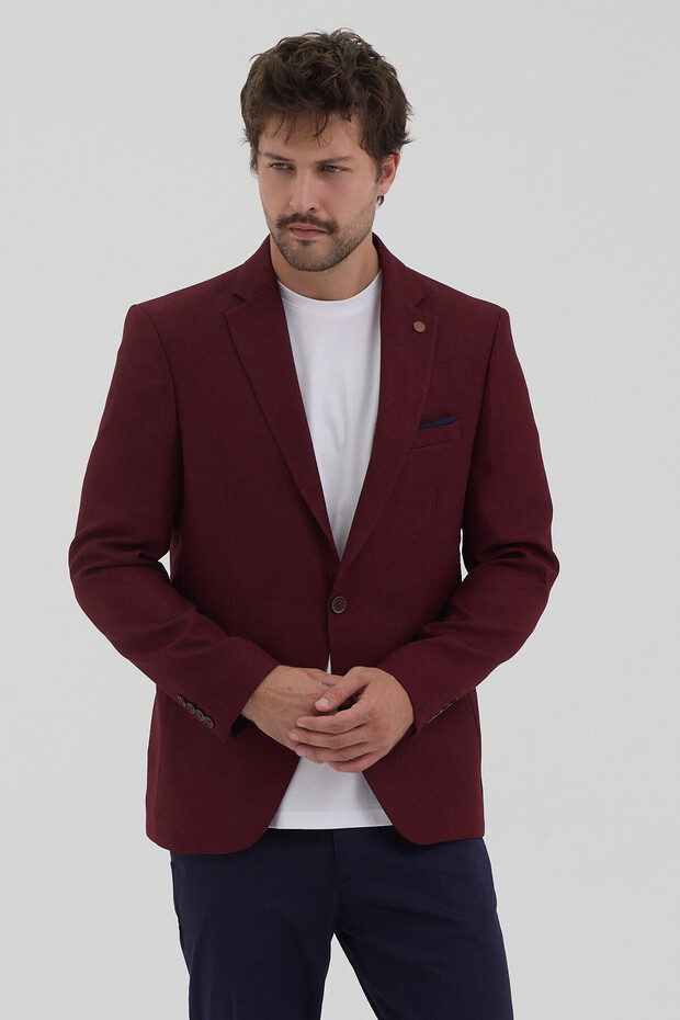 Falço Men's Burgundy Textured Fabric Mono Collar Slim Fit Sports Blazer Jacket