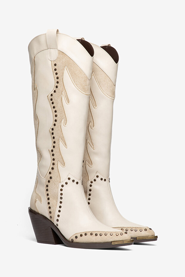 Beige Cream Leather Matte Leather Embroidered Trok Detail Western Cowboy Boots