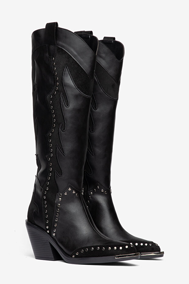 Black Matte Leather Embroidered Trok Detail Western Cowboy Boots