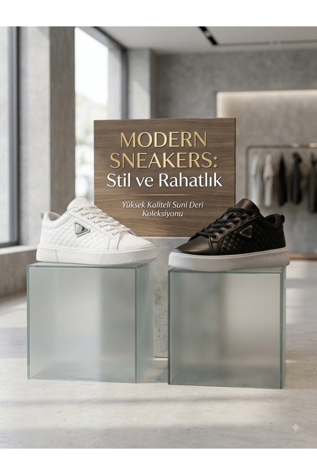 Men's White and Black Sneaker Lace-Up Quilted Patterned Triangle Metal Logo Thick Sole Casual Sports Shoes