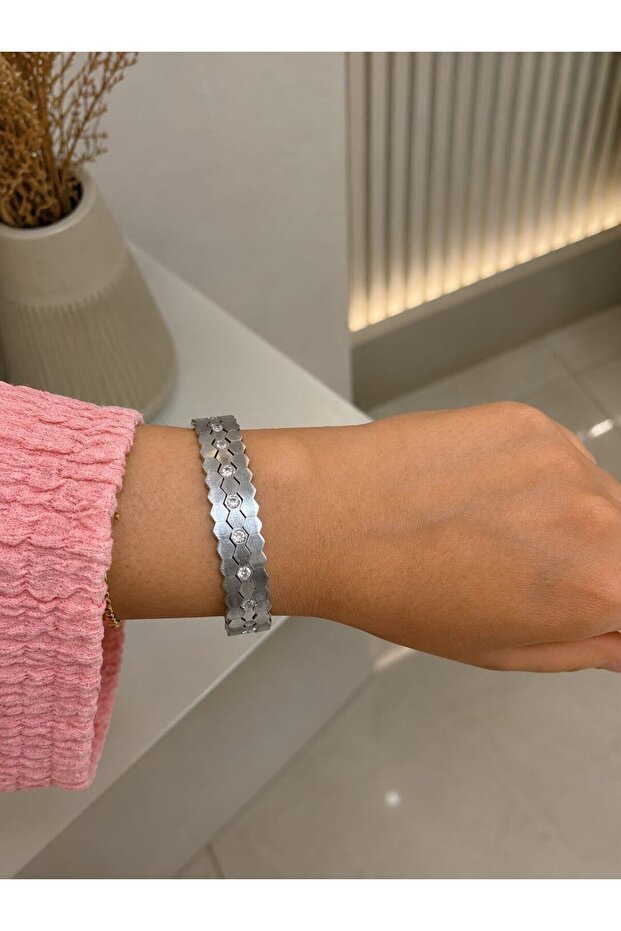 Silver Stone Detailed Geometric Bracelet