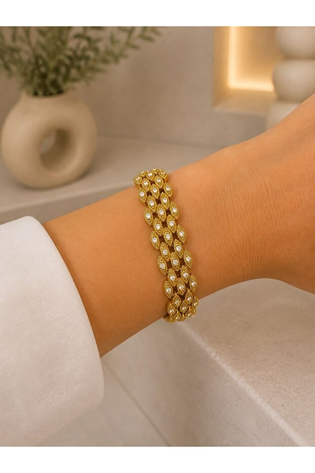 Stone Detailed Gold Braided Bracelet