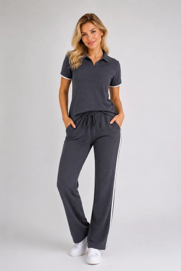 Women's Smoked Striped Polo Collar Modal Pique Tracksuit Set Elastic Waist Pocketed T-Shirt + Sweatpants