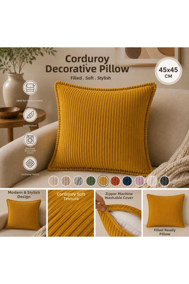 45X45 Corduroy Decorative Throw Pillow with Filling, Zippered, Washable Sofa Cushion