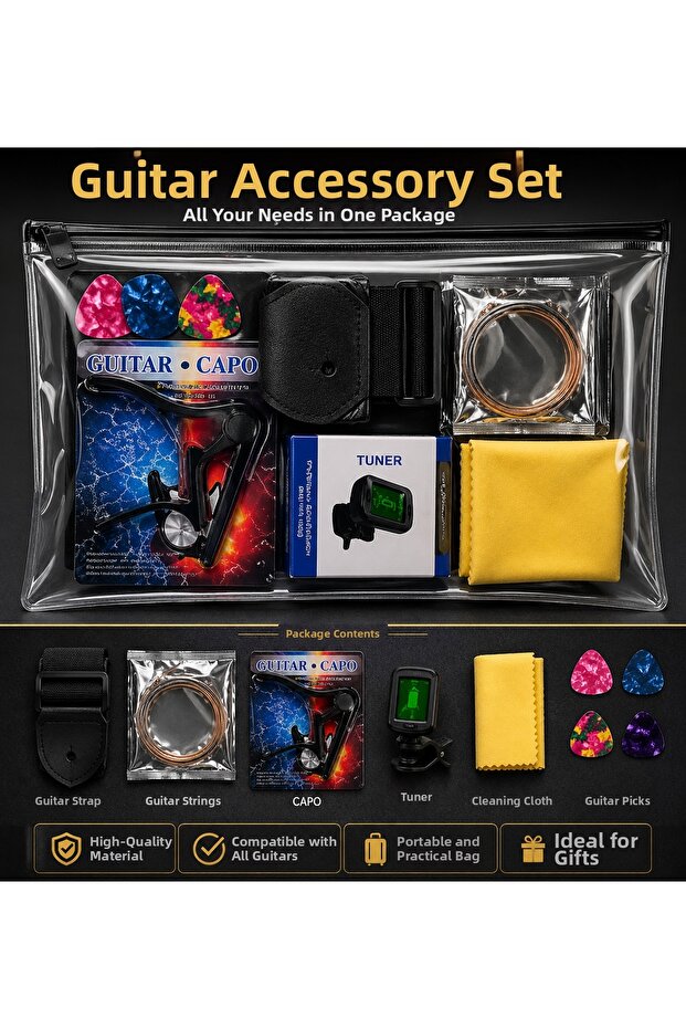 Professional Guitar Accessory Set Tuner + Capo + Acoustic Guitar String + Pick + Strap + Cleaning Cloth Full Set