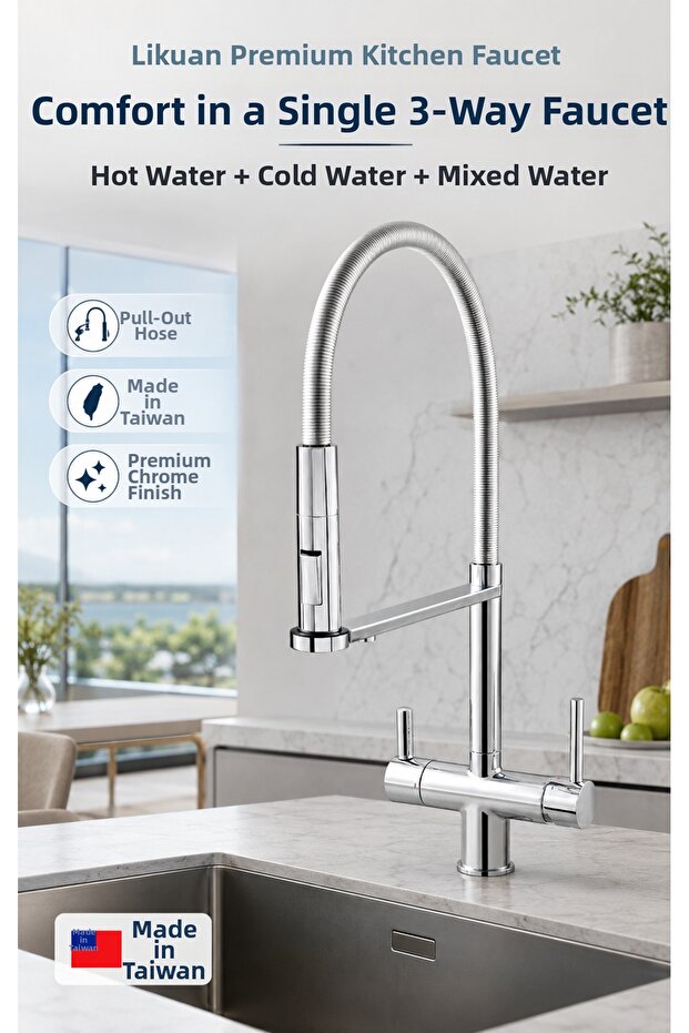Likuan 3-Way Spiral Chrome Kitchen Faucet with Purified Water Pull-Out Sink Tap Nkd52N12Cp