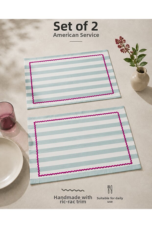 Mint Striped Fuchsia Piping Placemat Set of 2 33X44 cm Tableware and Table Setting Decoration