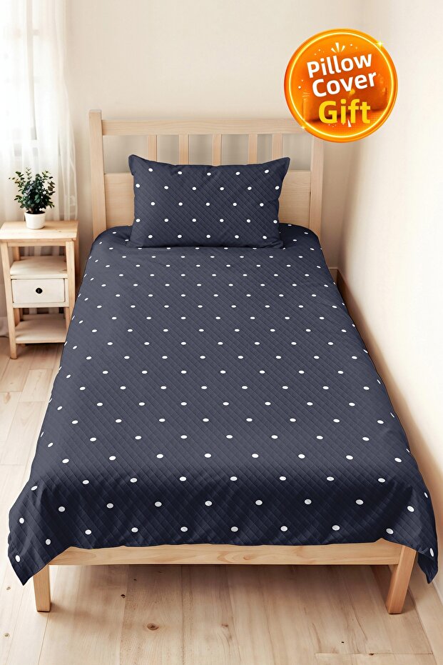 Navy Blue Polka Dot Minimal Youth Room Single Pique Set - 160X220 cm Quilted Bedspread