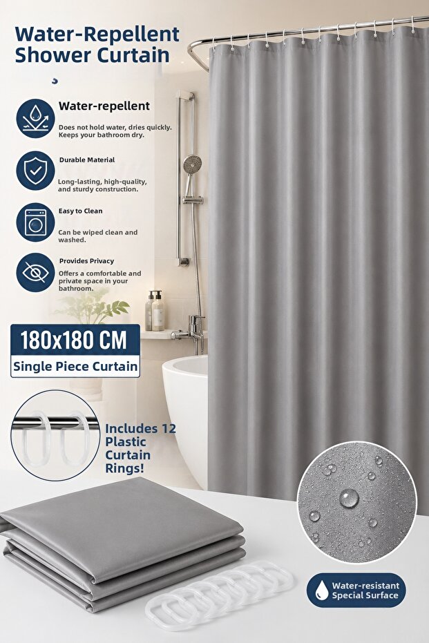 Bathroom Shower Curtain and 12 Ring Set 180X180Cm One Piece Water Repellent Lc031