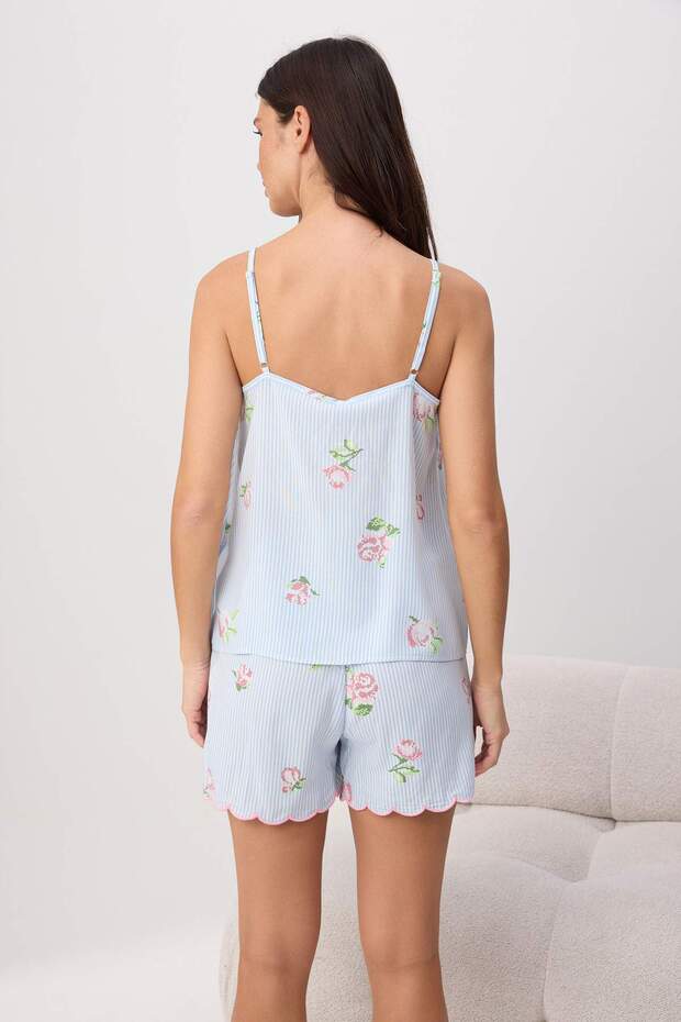 Mavi Çiçekli Biye Detaylı Viskon Dokuma Pijama Takımı THMSS26PT00207 - 4