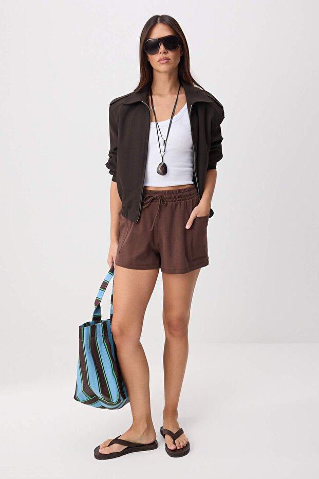 Brown Plain High Waist Tube Leg Short Soft Touch Knitted Shorts & Bermuda Twoss26Sr00227