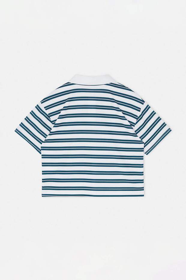Ekru Mavi Çizgili Polo Yaka Baskılı T-Shirt TDRSS26TS00027 - 5