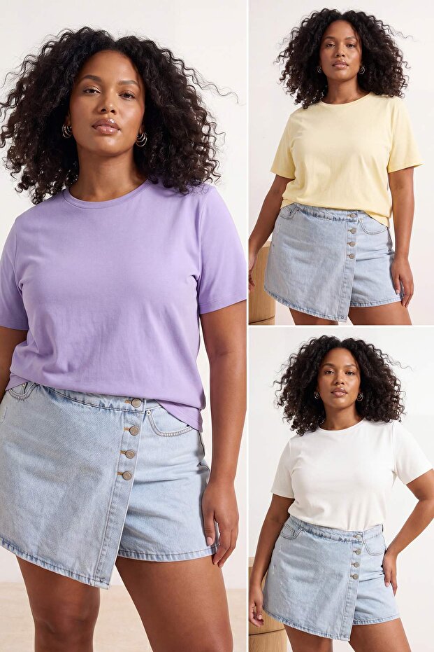 Lila-Sarı-Ekru 3'lü Paket Büyük Beden T-shirt TBBSS25BF00071 - 1