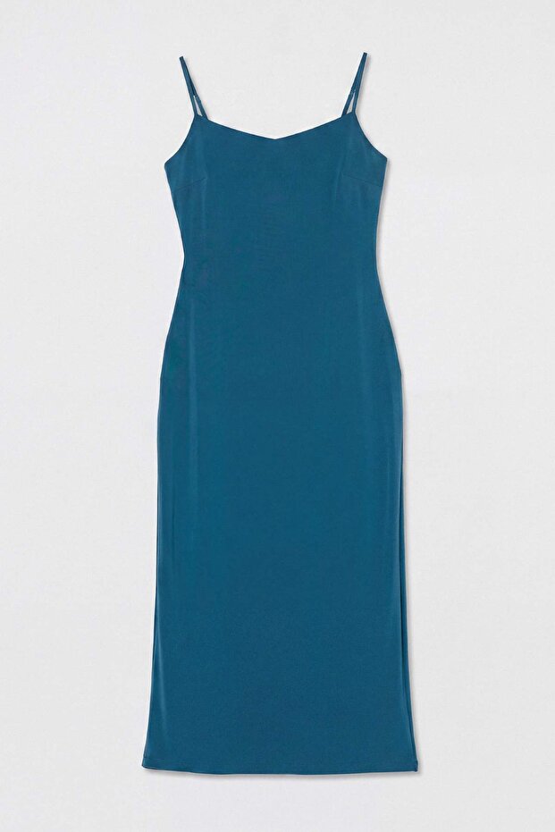 Petrol Düz Bodycon/Vücuda Oturan İnce Askılı Maxi Örme Elbise TWOSS26EL00732 - 7