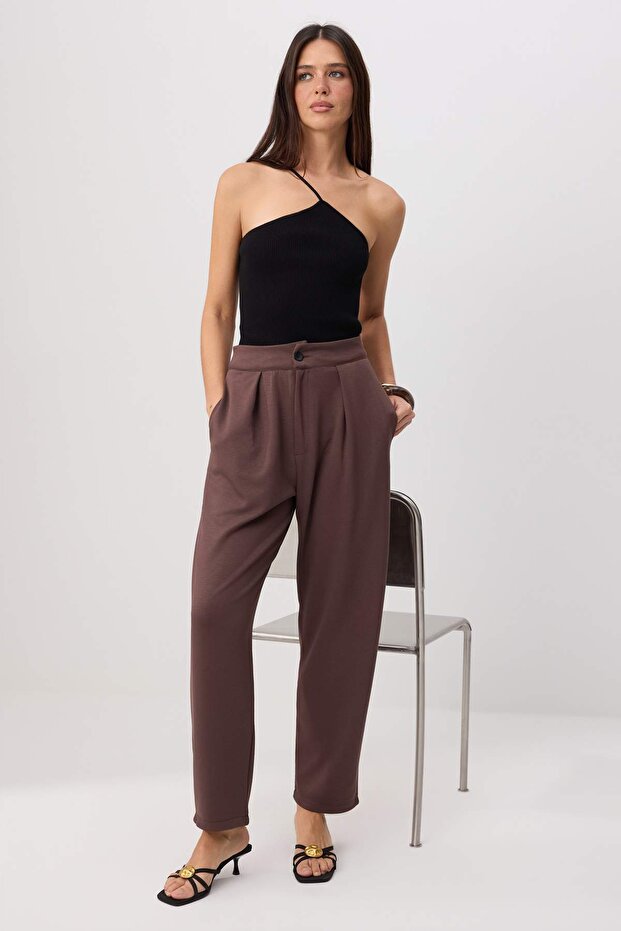 Kahverengi Havuç/Şalvar Normal Bel Boru Paça Soft Touch Örme Pantolon TWOSS26PL00214 - 3