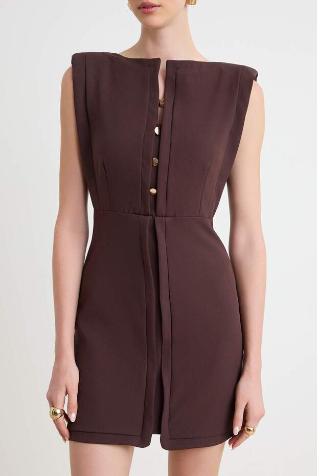 Kahverengi Düz Kısa / Mini Dokuma Elbise TWOSS26EL00433 - 3