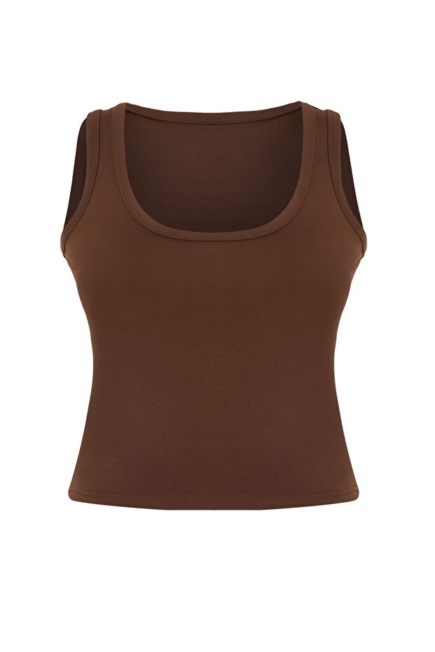 Kahverengi Kahverengi Fırçalı Soft Kumaş Örme Büyük Beden Spor Üst/Bluz TBBSS26AF00206 - 4