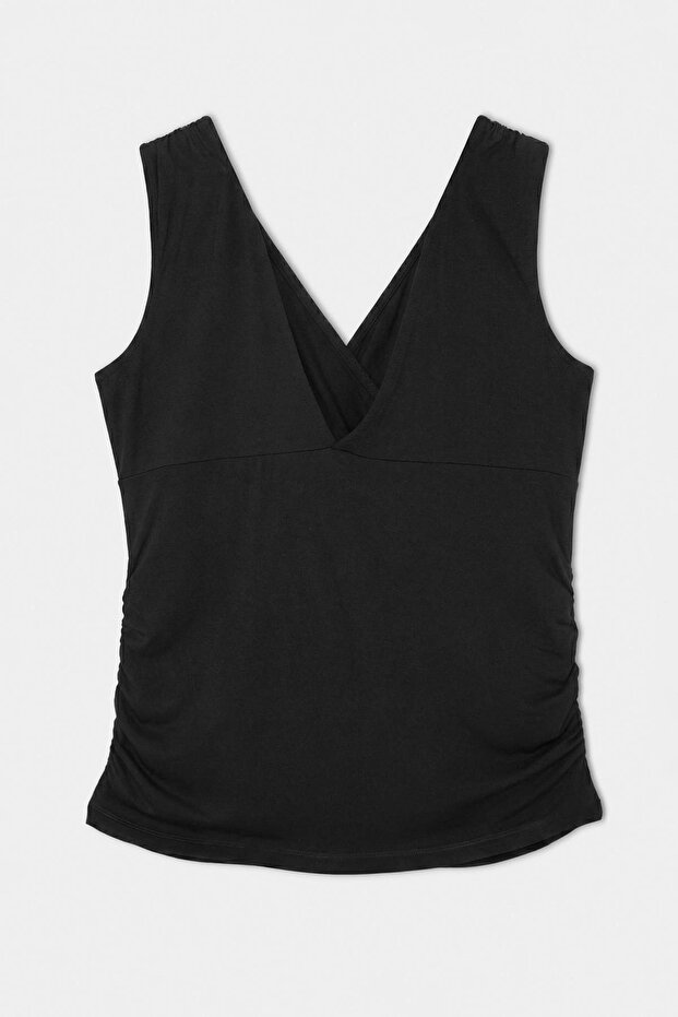 Siyah Fitted/Vücuda Oturan V Yaka Kolsuz Büzgülü Yumuşak Örme Büyük Beden Bluz TBBSS26AF00224 - 6
