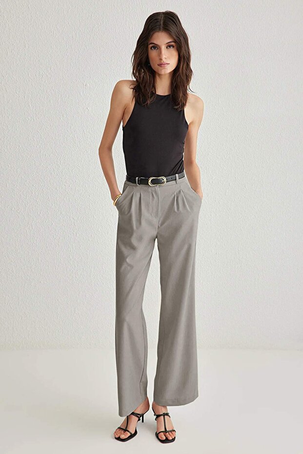 Açık Gri Wide Leg/Geniş Paça Pilili Dokuma Pantolon TWOAW22PL0475 - 2