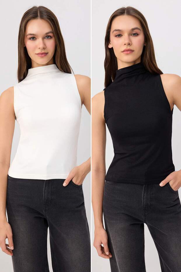 Siyah-Ekru Fitted/Vücuda Oturan Dik Yaka Kolsuz Pamuk Ribana Örme Bluz TWOSS26BZ01017 - 1