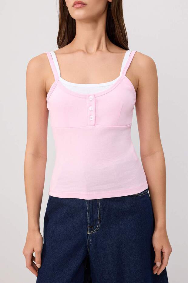 Pembe Fitted/Vücuda Oturan Havuz Yaka Kolsuz Crop/Kısa Pamuk Ribana Örme Atlet TWOSS26AL00093 - 3
