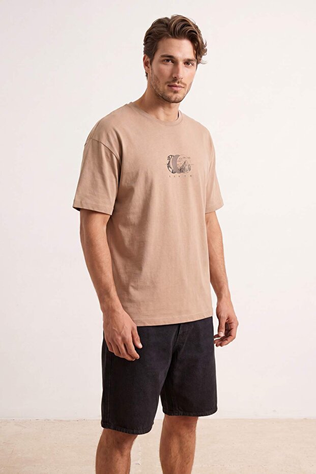 Koyu Vizon Oversize/Geniş Kesim Baskılı %100 Pamuk T-Shirt TMNSS23TS00261 - 1