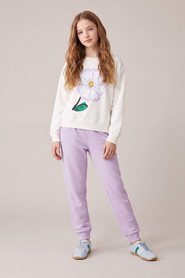 Ekru Pamuklu Çiçek Baskılı Kız Çocuk Örme Sweatshirt ve Eşofman Alt - Üst Takım TKDAW25AU00161 - 3