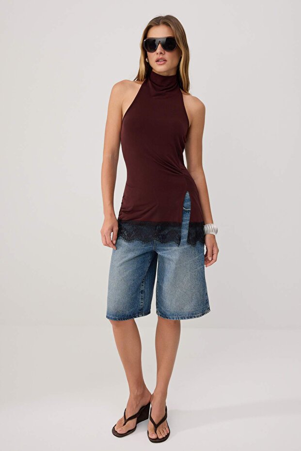 Brown Plain Regular Halter Neck Sleeveless Lace Detailed Stretch Knitted Blouse Twoss26Bz00755