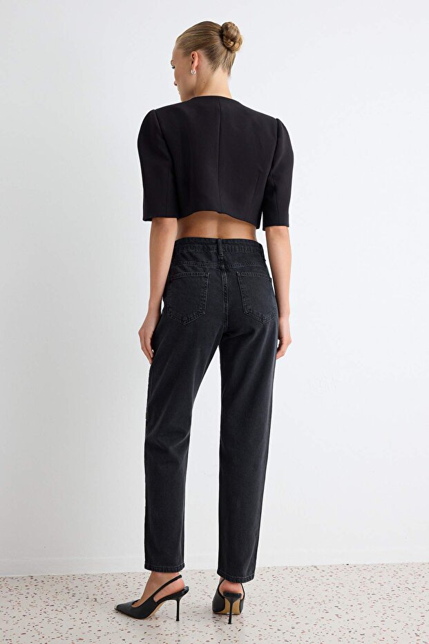 Siyah Taşlı Yüksek Bel Mom %100 Pamuk Non-Stretch Jeans TWOAW25JE00255 - 4