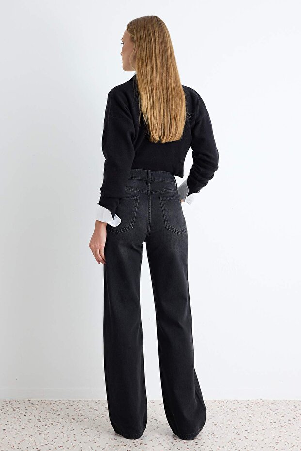 Siyah Yüksek Bel Wide Leg Geniş Paça %100 Pamuk Non-Stretch Jeans TWOSS25JE00060 - 4