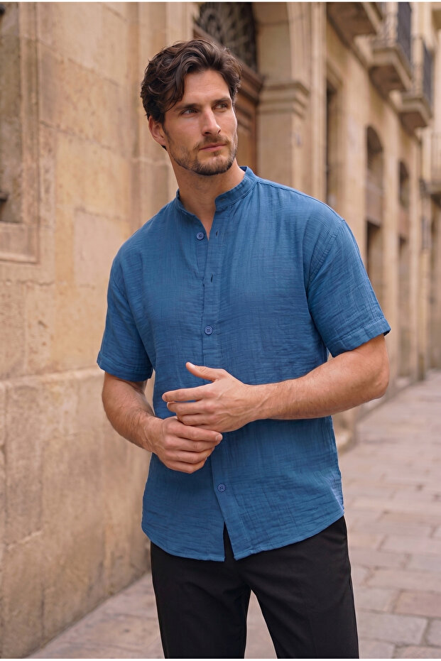 Hakim Collar Muslin Fabric Short Sleeve Shirt - Indigo