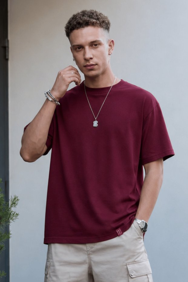 Burgundy Loose Fit Men's T-Shirt 100% Cotton Crew Neck Solid Color T-Shirt