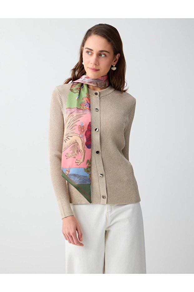 Beige Melange Round Neck Long Sleeve Glittery Knitwear Cardigan