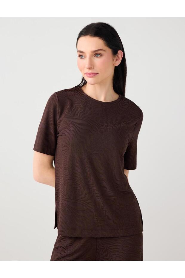 Acı Kahve Crew Neck Short Sleeve Jacquard Knitted Blouse